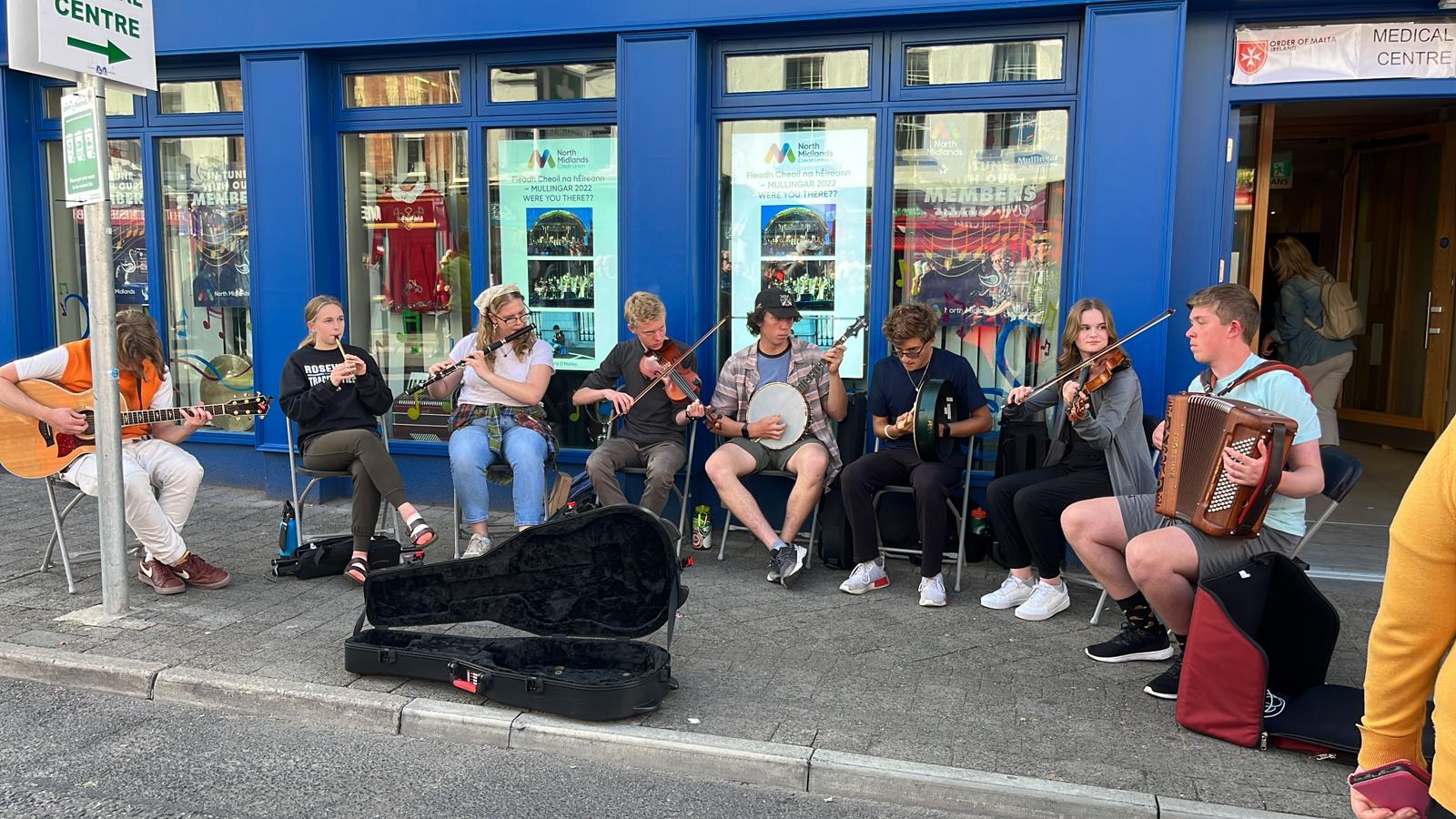 We were proud of our teens who made tons of new friends at the Scoil Éigse workshops and sessions. Here they are busking with a new friend, on the accordion on far right.