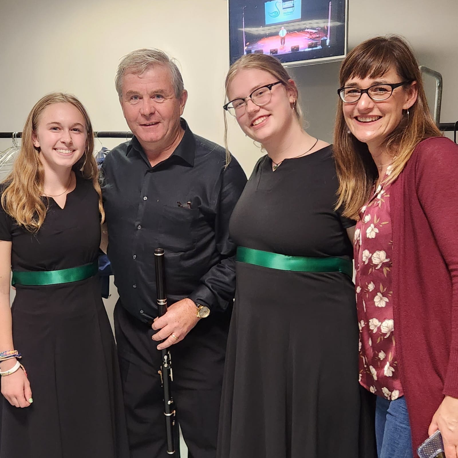 Ginger and Nevellie posing with flute maker Eamonn Cotter (2013 MIM artist), and their flute instructor Norah Rendell, also CIM's Executive Artistic Director.