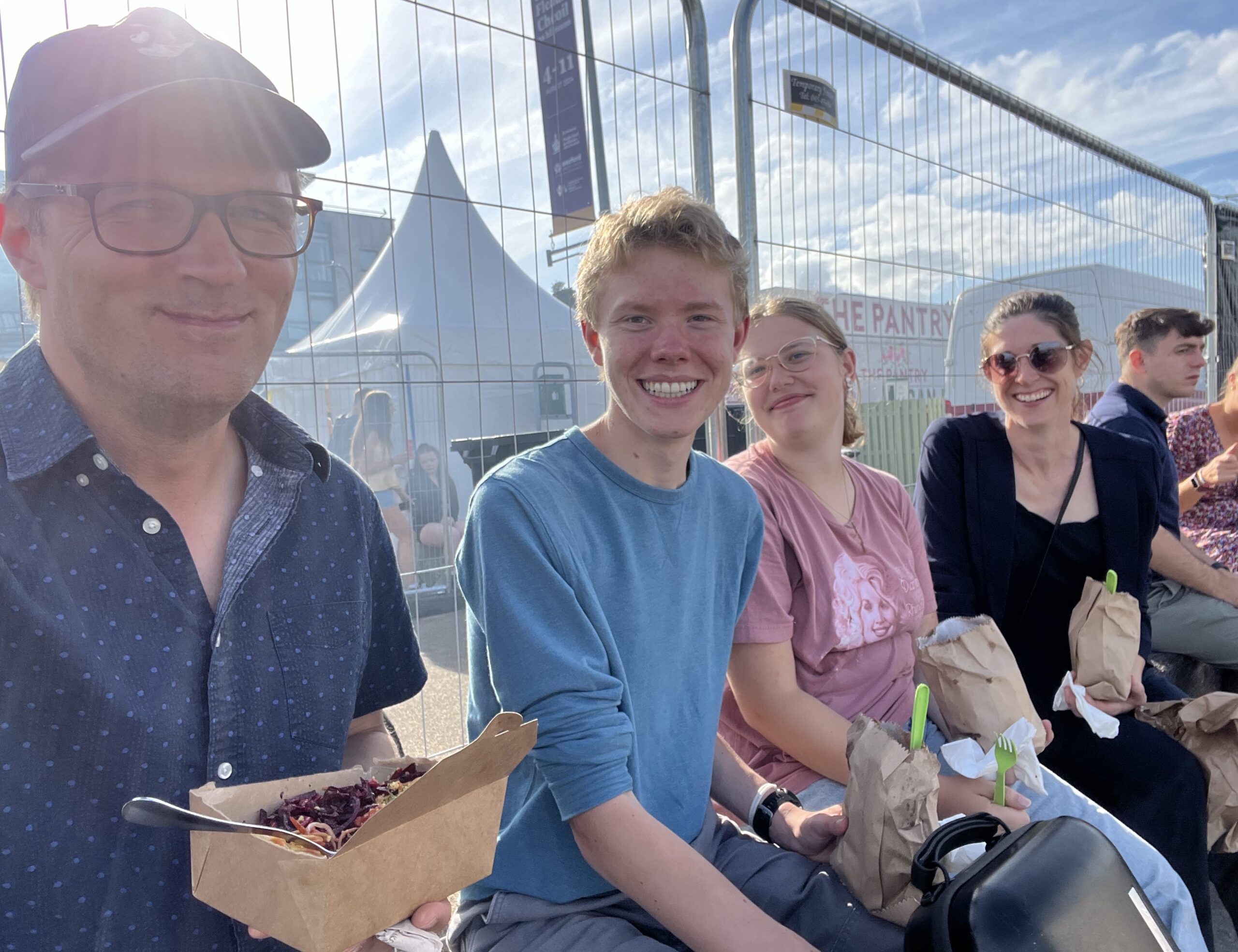 Lunch on the quay. From left: Brian Miller, Owen Larsen, Nevellie Larson, Sarah Weaver