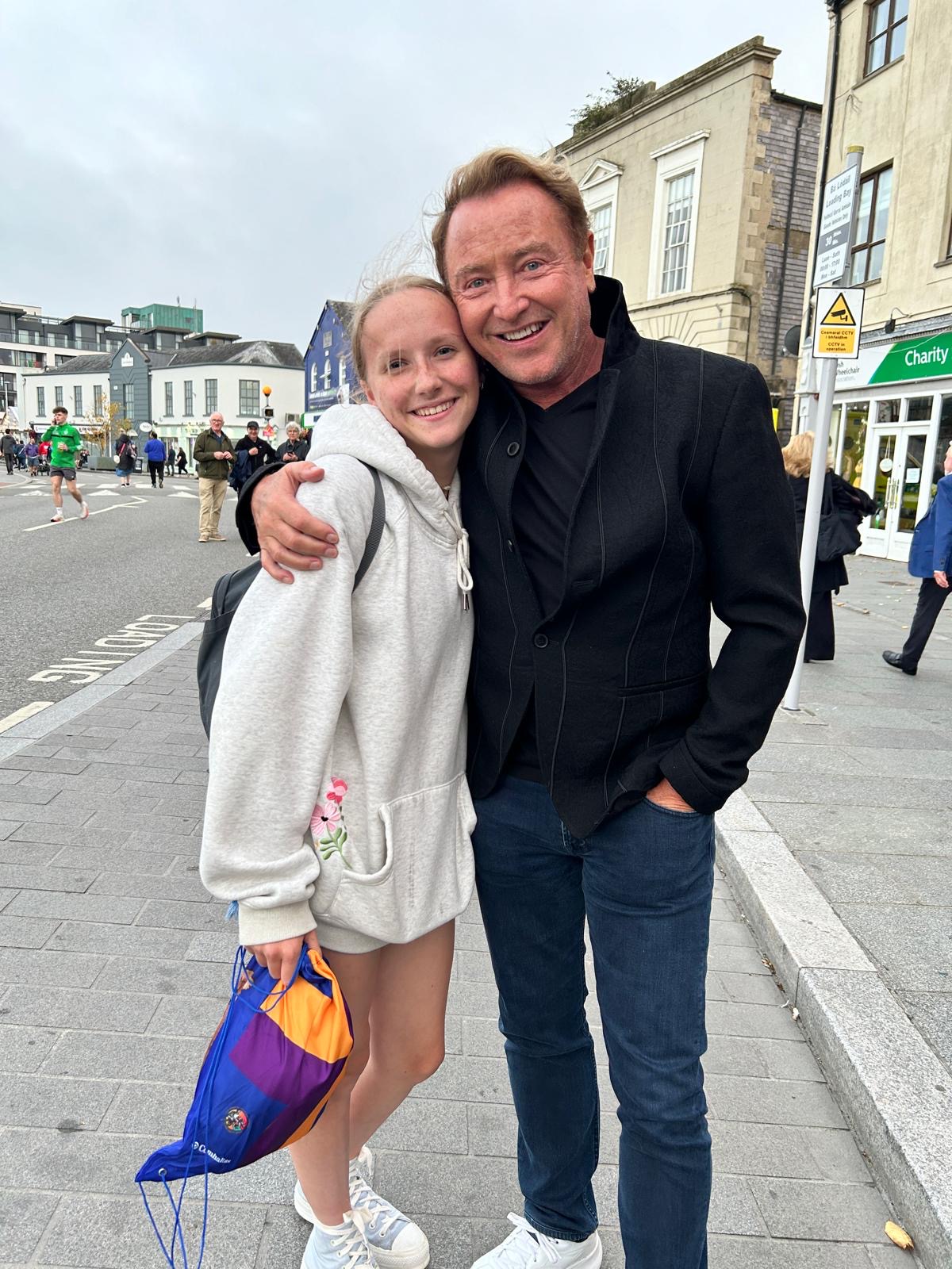 Teagan Crowe and Irish dance superstar (and flute player) Michael Flatley.