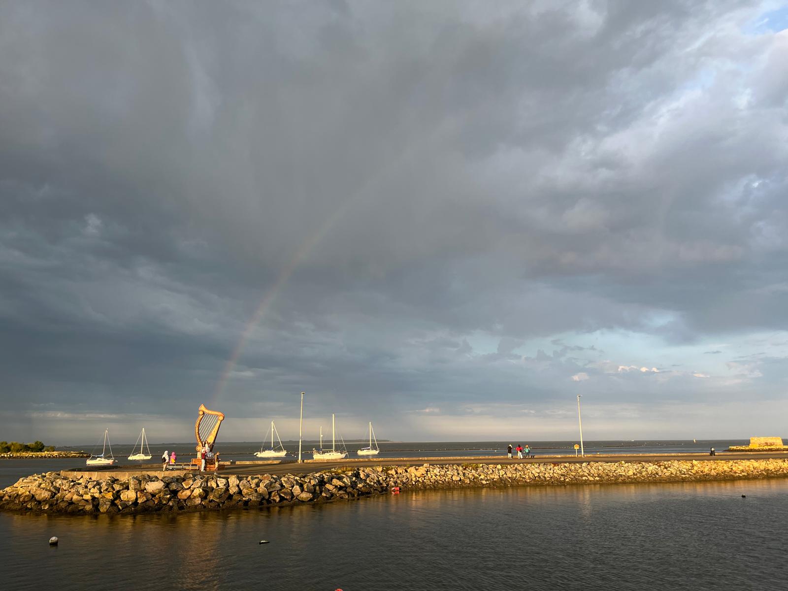 A faint rainbow on the last day of the 2024 Fleadh lined up perfectly with the harp sculpture that was put up in Wexford Harbour for the week.